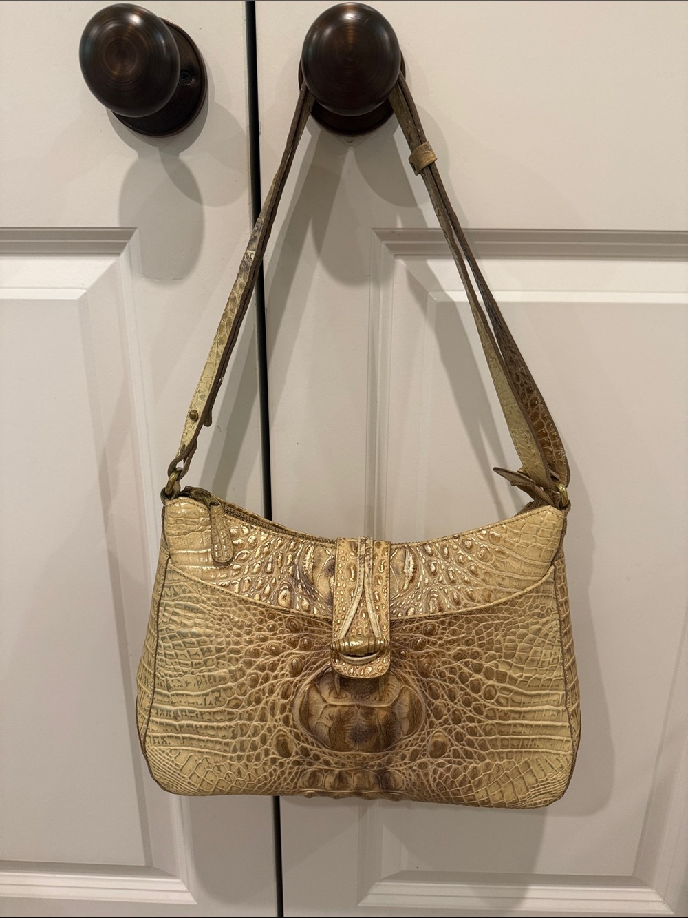Brahmin Croc-Embossed Leather Shoulder Bag in Gold/Tan Authentic
